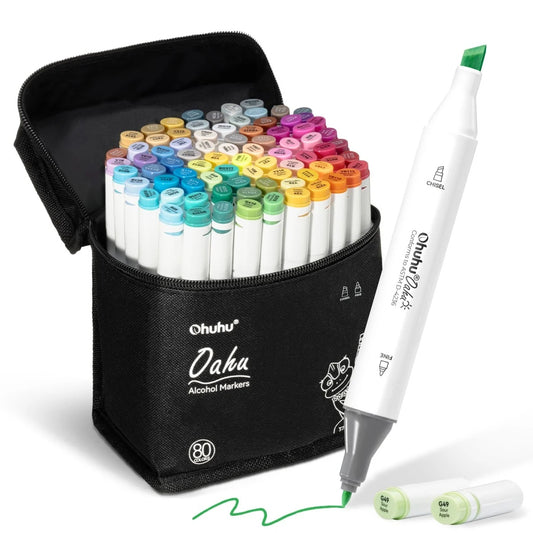 Ohuhu Oahu: Set de 80 marcadores de alcohol doble punta colores básicos + 1 blender (Punta fina y Punta biselada)