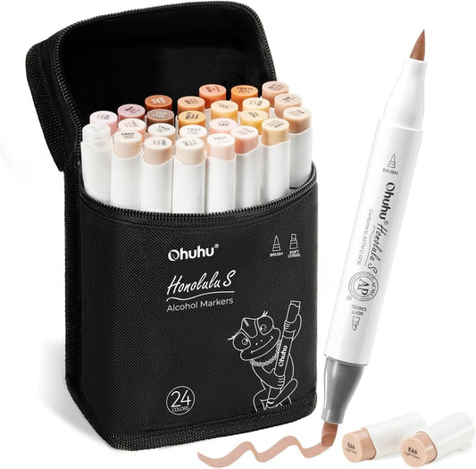 Ohuhu Honolulu S: Set de 24 marcadores de alcohol doble punta tonos piel + 1 blender (Punta brush y Punta biselada soft) - Letters by Jess Shop