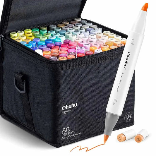 Ohuhu Honolulu: Set de 104 marcadores de alcohol doble punta colores básicos + 1 blender (Punta brush y Punta biselada) - Letters by Jess Shop