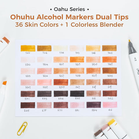 Ohuhu Oahu: Set de 36 marcadores de alcohol doble punta tonos piel + 1 blender (Punta fina y Punta biselada)