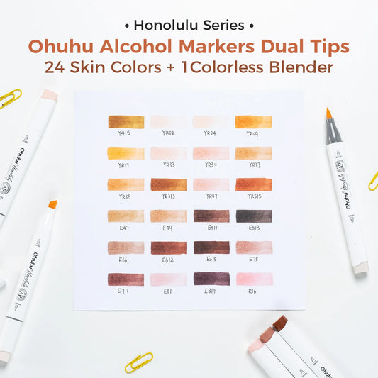 Ohuhu Honolulu: Set de 24 marcadores de alcohol doble punta tonos piel + 1 blender (Punta brush y Punta biselada) Nueva presentación