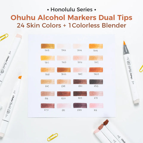 Ohuhu Honolulu: Set de 24 marcadores de alcohol doble punta tonos piel + 1 blender (Punta brush y Punta biselada) Nueva presentación