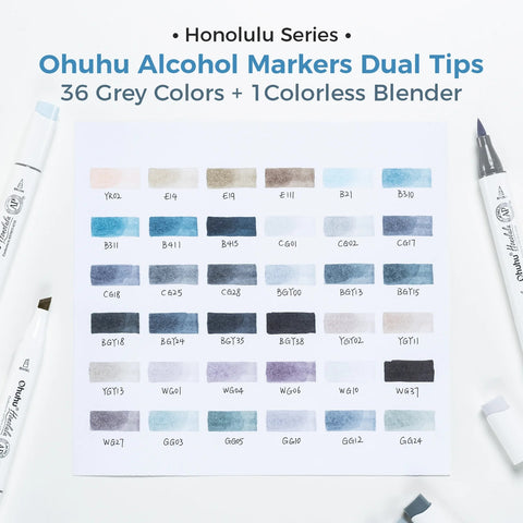 Ohuhu Honolulu: Set de 36 marcadores de alcohol doble punta tonos grises + 1 blender (Punta brush y Punta biselada) - NUEVO LOTE