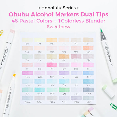Ohuhu Honolulu: Set de 48 marcadores de alcohol doble punta tonos pasteles Sweetness + 1 blender (Punta brush y Punta biselada) Nueva presentación