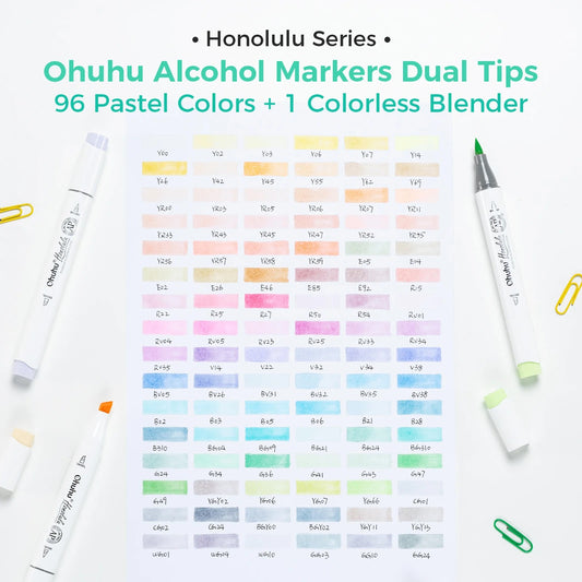 Ohuhu Honolulu: Set de 96 marcadores de alcohol doble punta tonos pasteles + 1 blender (Punta brush y Punta biselada)