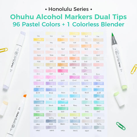 Ohuhu Honolulu: Set de 96 marcadores de alcohol doble punta tonos pasteles + 1 blender (Punta brush y Punta biselada)