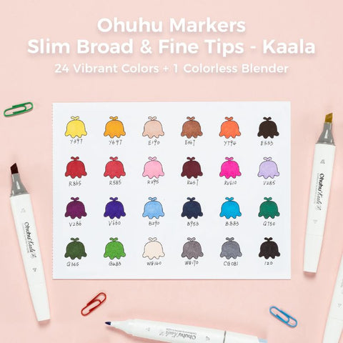 Ohuhu Kaala: Set de 24 marcadores de alcohol doble punta colores básicos + 1 blender (Punta delgada - ancha y Punta fina)
