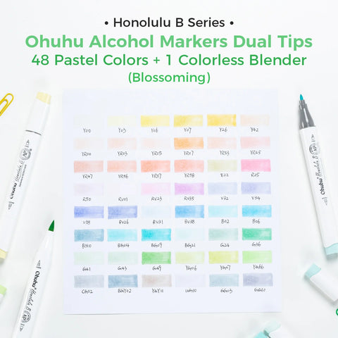 Ohuhu Honolulu: Set de 48 marcadores de alcohol doble punta tonos pasteles Blossoming + 1 blender (Punta brush y Punta biselada)