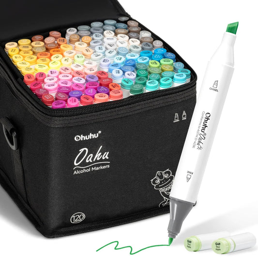 Ohuhu Oahu: Set de 120 marcadores de alcohol doble punta colores básicos + 1 blender (Punta fina y Punta biselada)