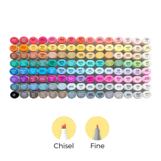 Ohuhu Oahu: Set de 120 marcadores de alcohol doble punta colores básicos + 1 blender (Punta fina y Punta biselada)