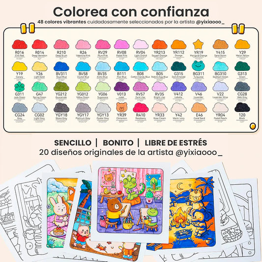 Ohuhu Honolulu B: Set de 48 marcadores de alcohol doble punta básicos + Libro Coloreable