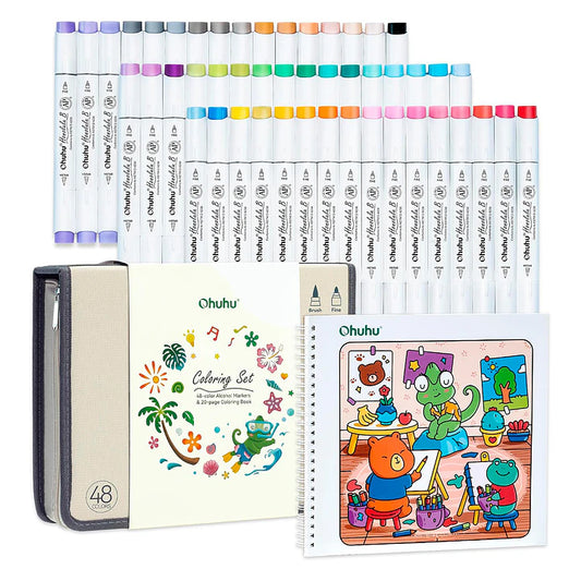 Ohuhu Honolulu B: Set de 48 marcadores de alcohol doble punta básicos + Libro Coloreable