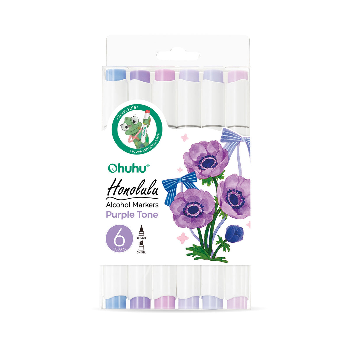 Ohuhu Honolulu: Set de 6 marcadores de alcohol doble punta tonos violetas (Punta brush y Punta biselada)