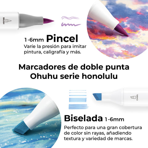 Ohuhu Honolulu: Set de 6 marcadores de alcohol doble punta tonos violetas (Punta brush y Punta biselada)