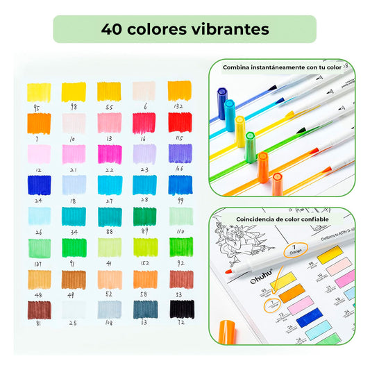 Ohuhu Pupe B Paper-Friendly: Set de 40 marcadores doble punta (Punta pincel y punta fina) + Libro para colorear