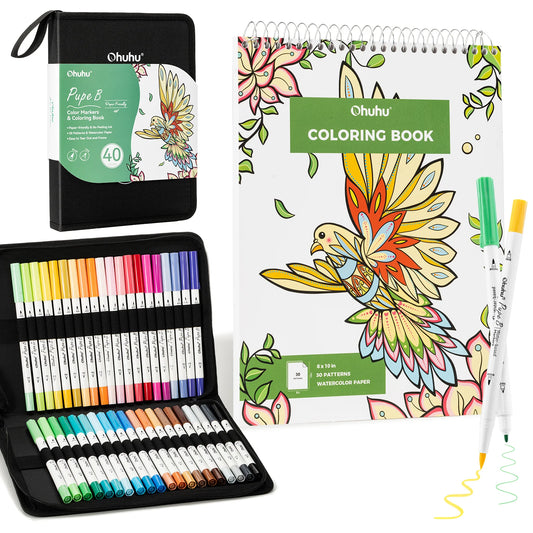 Ohuhu Pupe B Paper-Friendly: Set de 40 marcadores doble punta (Punta pincel y punta fina) + Libro para colorear