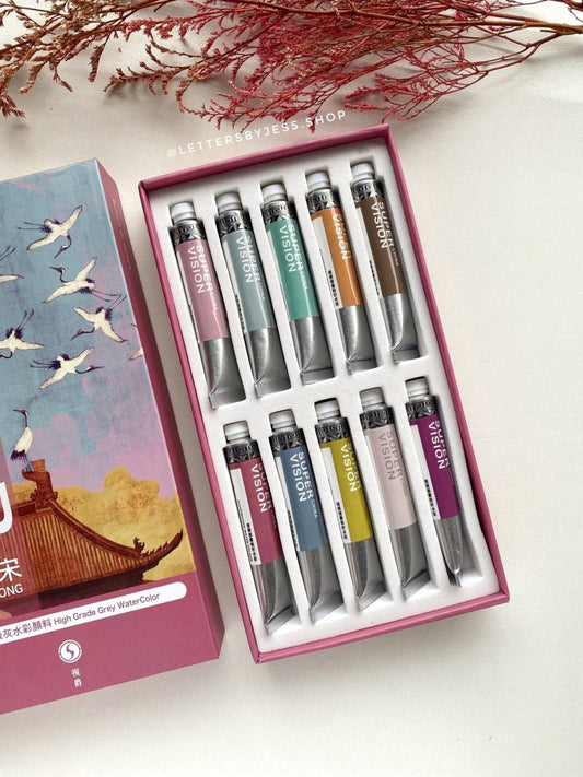Acuarelas SUPERVISION (HIGH GRADE GREY WATERCOLOR) en tubo 8ml - Set CHARM OF SONG DYNASTY x10 - Letters by Jess Shop