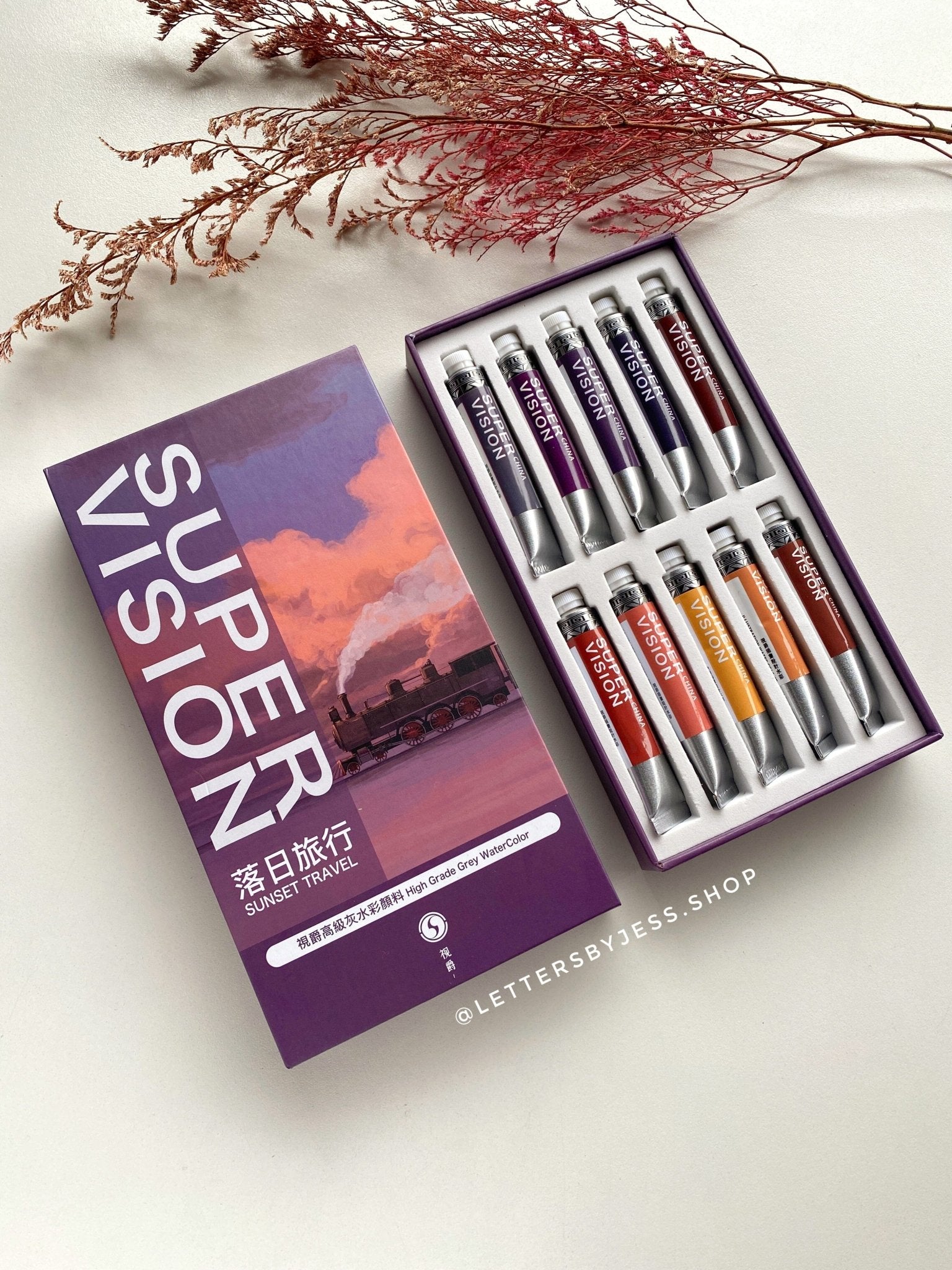 Acuarelas SUPERVISION (HIGH GRADE GREY WATERCOLOR) en tubo 8ml - Set SUNSET TRAVEL x10 - Letters by Jess Shop