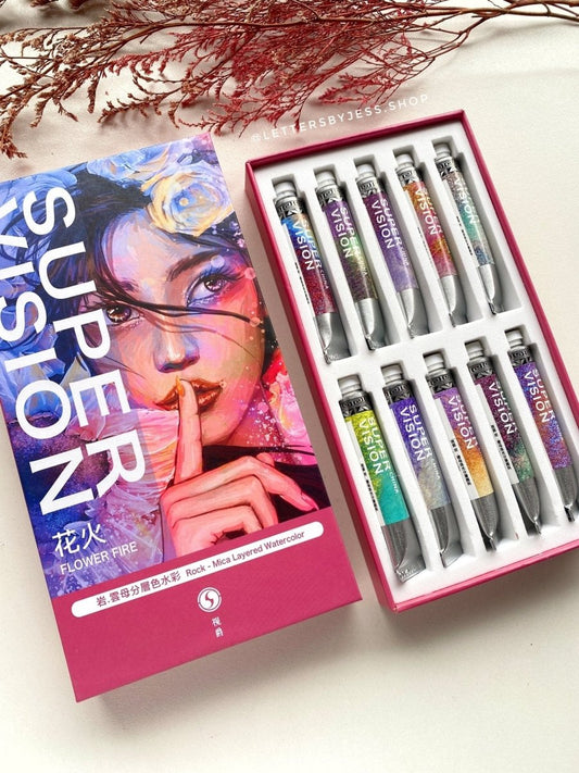 Acuarelas SUPERVISION (rock - mica layered) en tubo 8ml - Set FLOWER FIRE x10 - Letters by Jess Shop