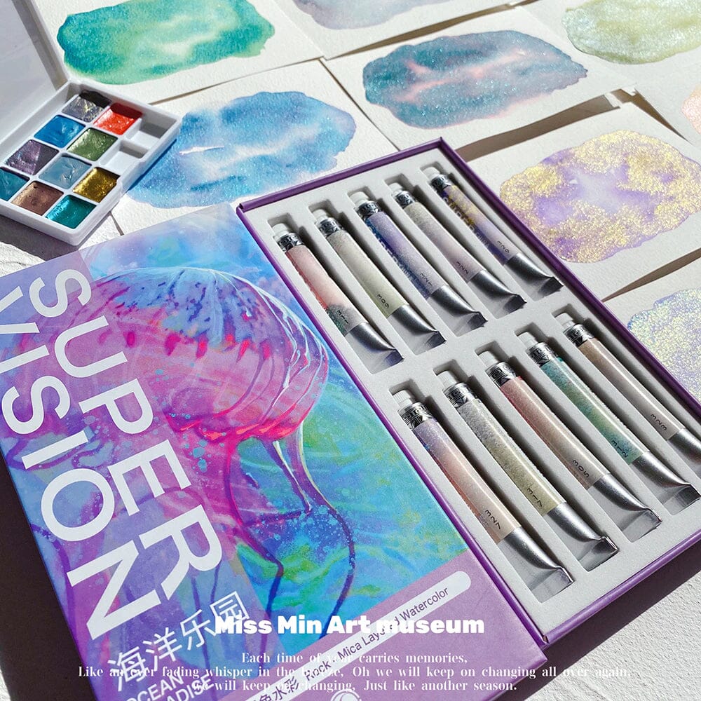 Acuarelas SUPERVISION (rock - mica layered) en tubo 8ml - Set OCEAN PARADISE x10 - Letters by Jess Shop