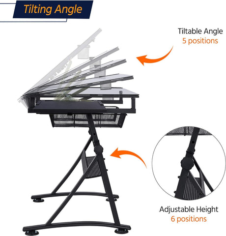 Escritorio de dibujo multifuncional para artistas, con mesa de vidrio reclinable incluye 2 cajones de almacenamiento - Letters by Jess Shop