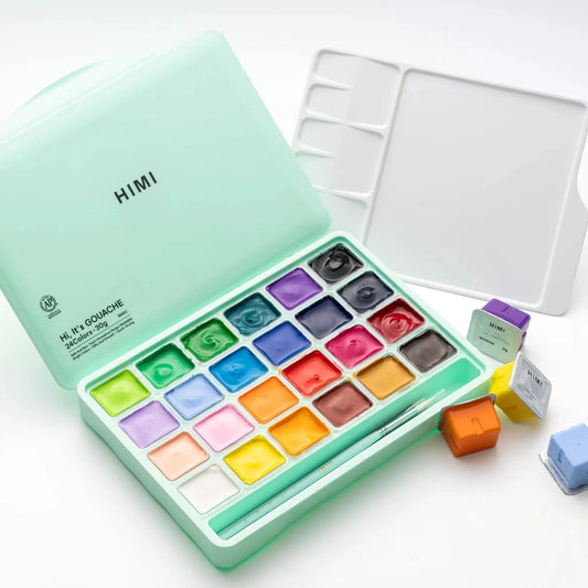 Miya Himi Gouache Jelly Cup (Nueva Visión): Set 24 colores/30ml + 3 pinceles - Verde / Rosa / Azul Hielo - Letters by Jess Shop