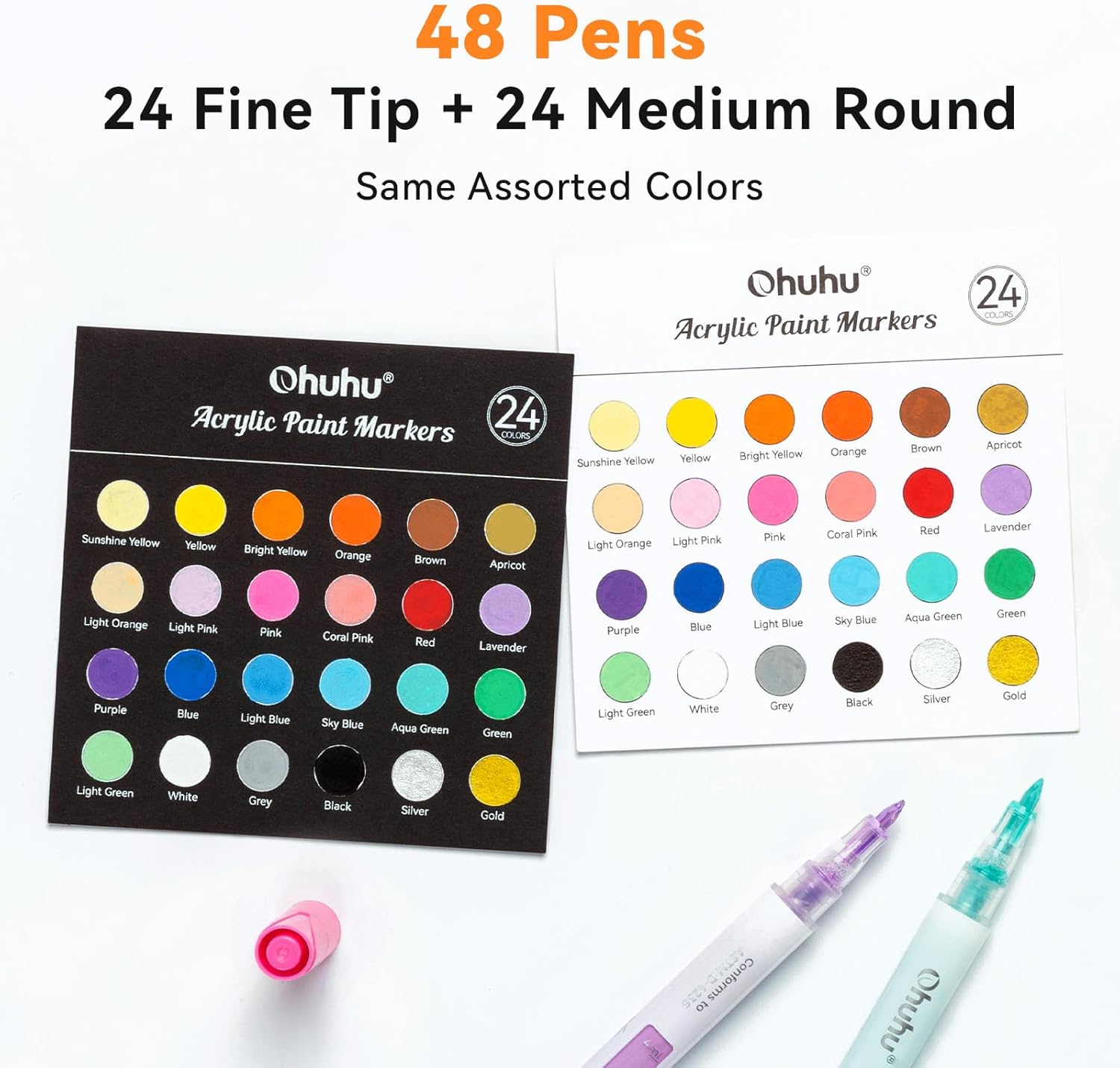 Ohuhu Acrylic Paint Markers: Set de 48 marcadores de 24 colores fina y reversible (redonda y biselada) - Letters by Jess Shop