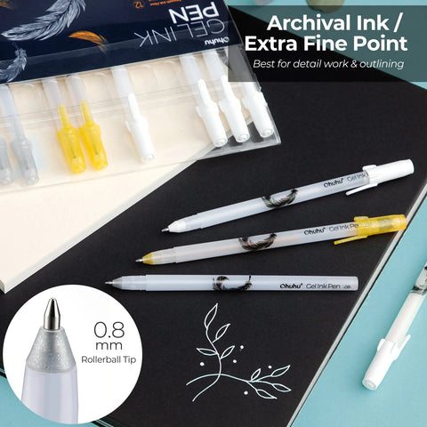 Ohuhu Bolígrafos tinta gel Leahi - Set x12 (3 dorados, 3 plateados y 6 blancos) - Letters by Jess Shop