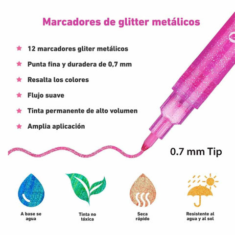 Ohuhu Glitter Metallic Marker Pens: Set de 12 colores con purpurina punta fina - Letters by Jess Shop