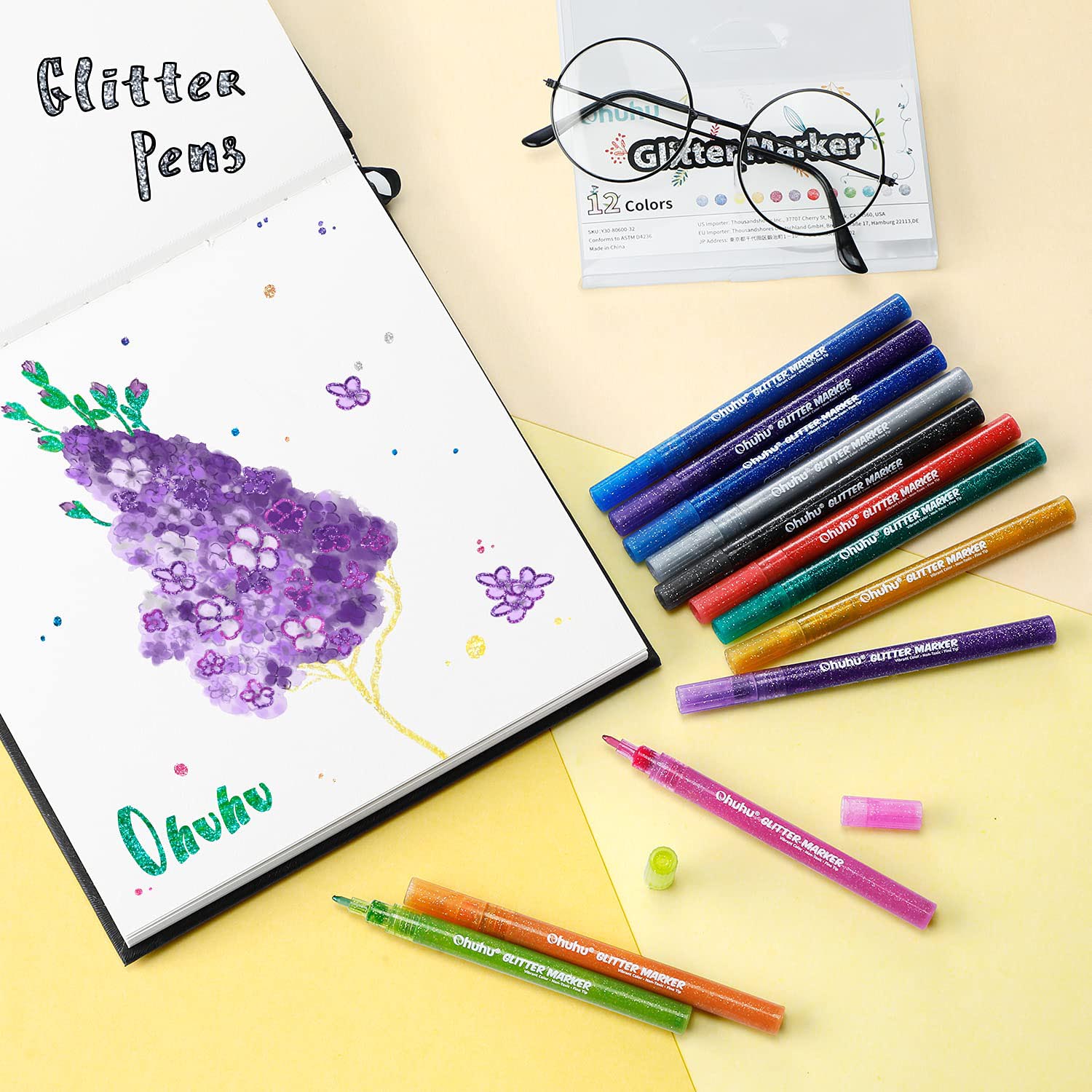 Ohuhu Glitter Metallic Marker Pens: Set de 12 colores con purpurina punta fina - Letters by Jess Shop