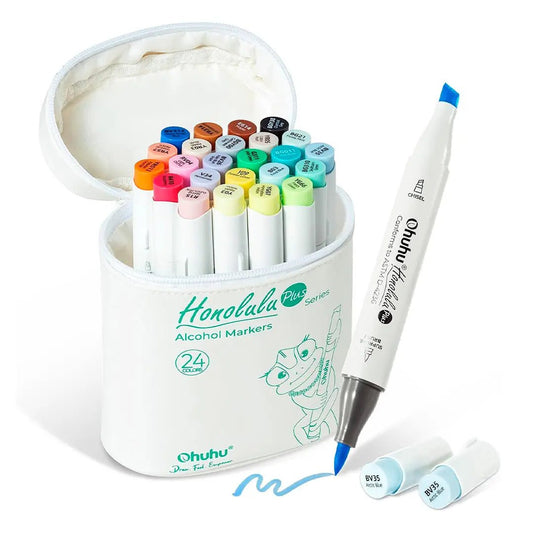Ohuhu Honolulu Plus: Set de 24 marcadores de alcohol doble punta colores básicos + 1 blender (Punta brush supreme y Punta biselada) - Letters by Jess Shop