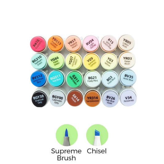 Ohuhu Honolulu Plus: Set de 24 marcadores de alcohol doble punta colores básicos + 1 blender (Punta brush supreme y Punta biselada) - Letters by Jess Shop