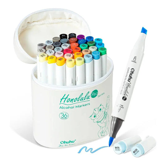 Ohuhu Honolulu Plus: Set de 36 marcadores de alcohol doble punta colores básicos + 1 blender (Punta brush supreme y Punta biselada) (Copia) - Letters by Jess Shop