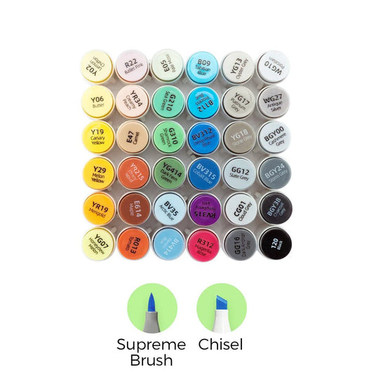 Ohuhu Honolulu Plus: Set de 36 marcadores de alcohol doble punta colores básicos + 1 blender (Punta brush supreme y Punta biselada) (Copia) - Letters by Jess Shop