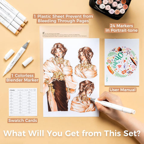 Ohuhu Honolulu S: Set de 24 marcadores de alcohol doble punta tonos piel + 1 blender (Punta brush y Punta biselada soft) - Letters by Jess Shop