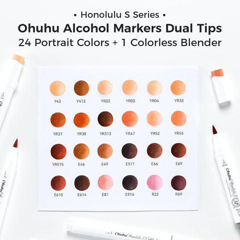 Ohuhu Honolulu S: Set de 24 marcadores de alcohol doble punta tonos piel + 1 blender (Punta brush y Punta biselada soft) - Letters by Jess Shop