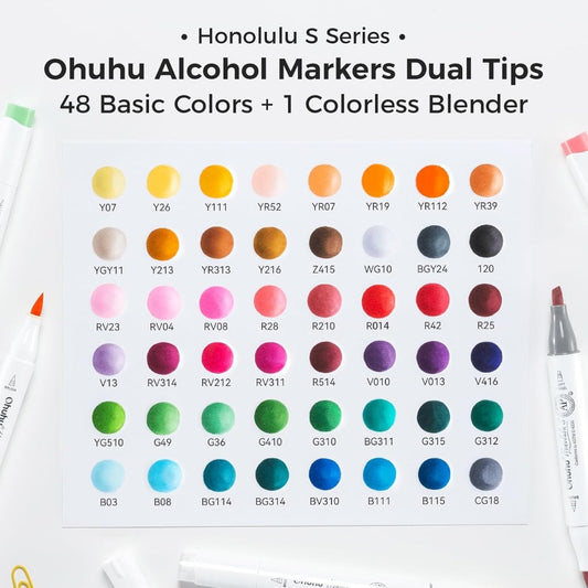 Ohuhu Honolulu S: Set de 48 marcadores de alcohol doble punta colores básicos + 1 blender (Punta brush y Punta biselada soft) - Letters by Jess Shop