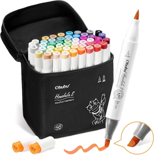 Ohuhu Honolulu S: Set de 48 marcadores de alcohol doble punta colores básicos + 1 blender (Punta brush y Punta biselada soft) - Letters by Jess Shop
