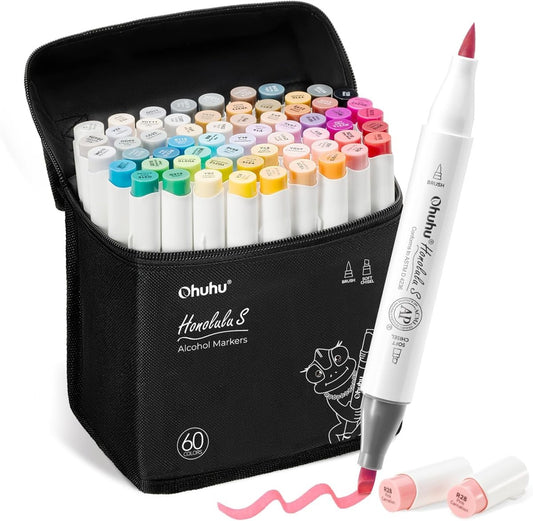 Ohuhu Honolulu S: Set de 60 marcadores de alcohol doble punta colores básicos + 1 blender (Punta brush y Punta biselada soft) - Letters by Jess Shop