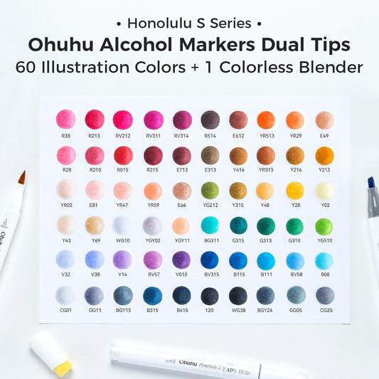 Ohuhu Honolulu S: Set de 60 marcadores de alcohol doble punta colores básicos + 1 blender (Punta brush y Punta biselada soft) - Letters by Jess Shop