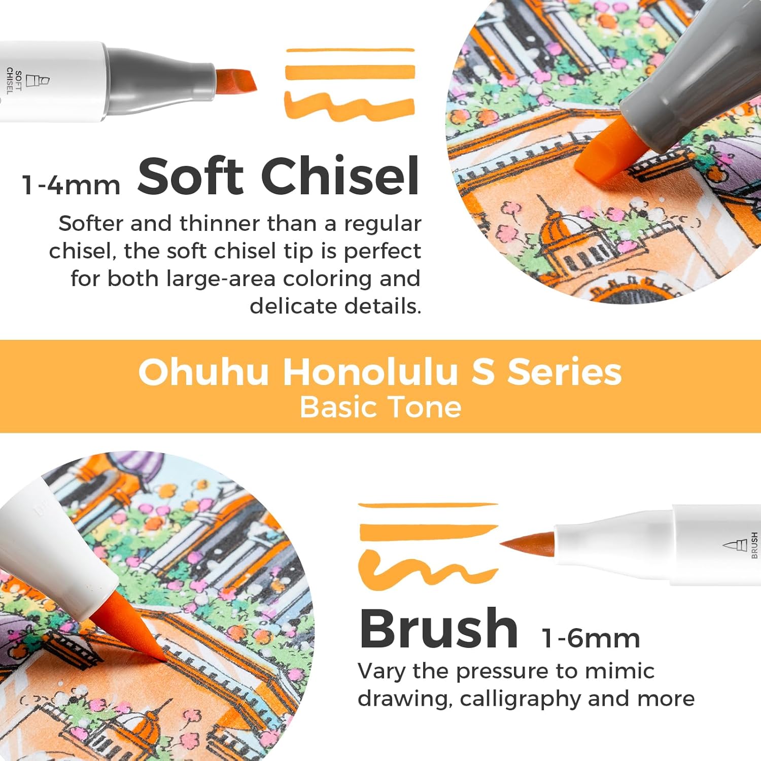 Ohuhu Honolulu S: Set de 60 marcadores de alcohol doble punta colores básicos + 1 blender (Punta brush y Punta biselada soft) - Letters by Jess Shop
