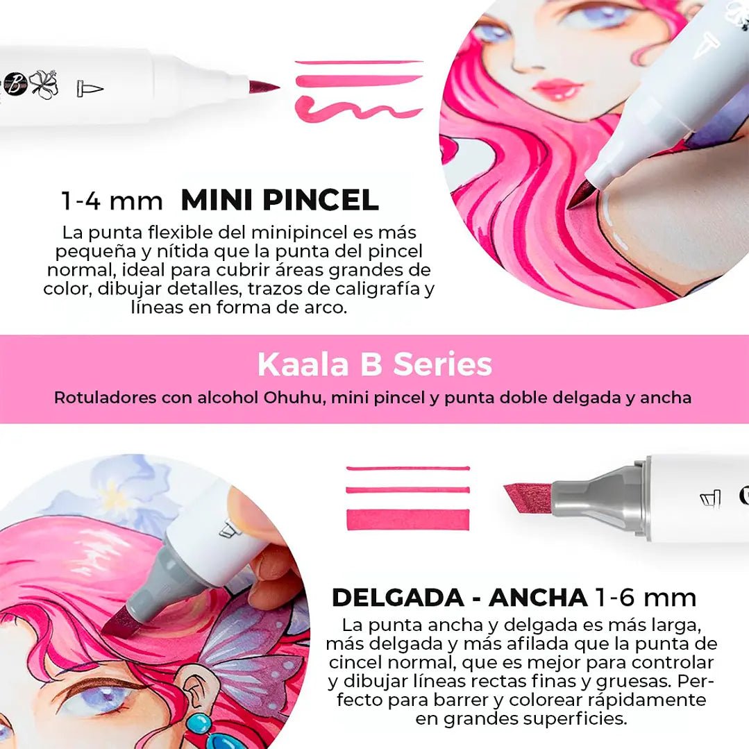Ohuhu Kaala B: Set de 60 marcadores de alcohol doble punta tonos ilustración + 1 blender (Punta delgada - ancha y Punta Mini Pincel) - Letters by Jess Shop