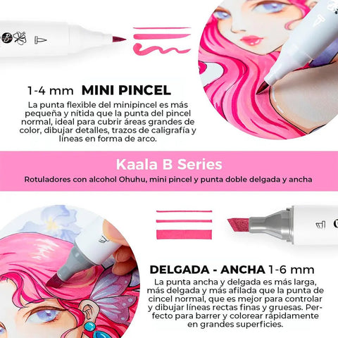 Ohuhu Kaala B: Set de 60 marcadores de alcohol doble punta tonos ilustración + 1 blender (Punta delgada - ancha y Punta Mini Pincel) - Letters by Jess Shop