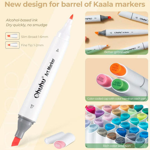 Ohuhu Kaala: Punta delgada - ancha + punta fina. Set de 24 marcadores de alcohol en tonos básicos+ 1 Blender OHUHU