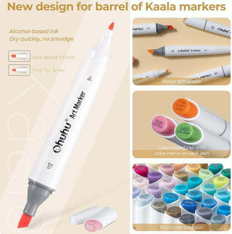 Ohuhu Kaala: Punta delgada - ancha + punta fina. Set de 24 marcadores de alcohol en tonos piel + 1 Blender OHUHU