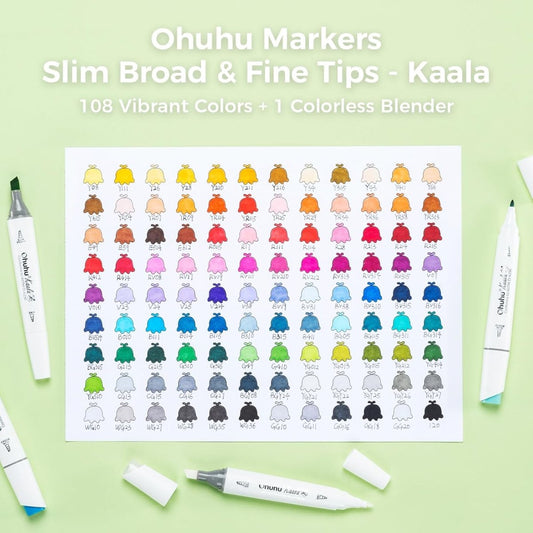 Ohuhu Kaala: Set de 108 marcadores de alcohol doble punta tonos básicos + 1 blender (Punta delgada - ancha y Punta fina) - Letters by Jess Shop