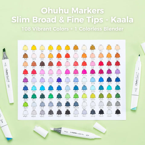 Ohuhu Kaala: Set de 108 marcadores de alcohol doble punta tonos básicos + 1 blender (Punta delgada - ancha y Punta fina) - Letters by Jess Shop