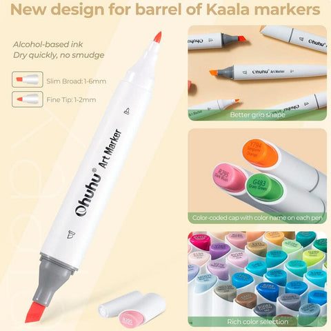 Ohuhu Kaala: Set de 24 marcadores de alcohol doble punta colores básicos + 1 blender (Punta delgada - ancha y Punta fina) - Letters by Jess Shop