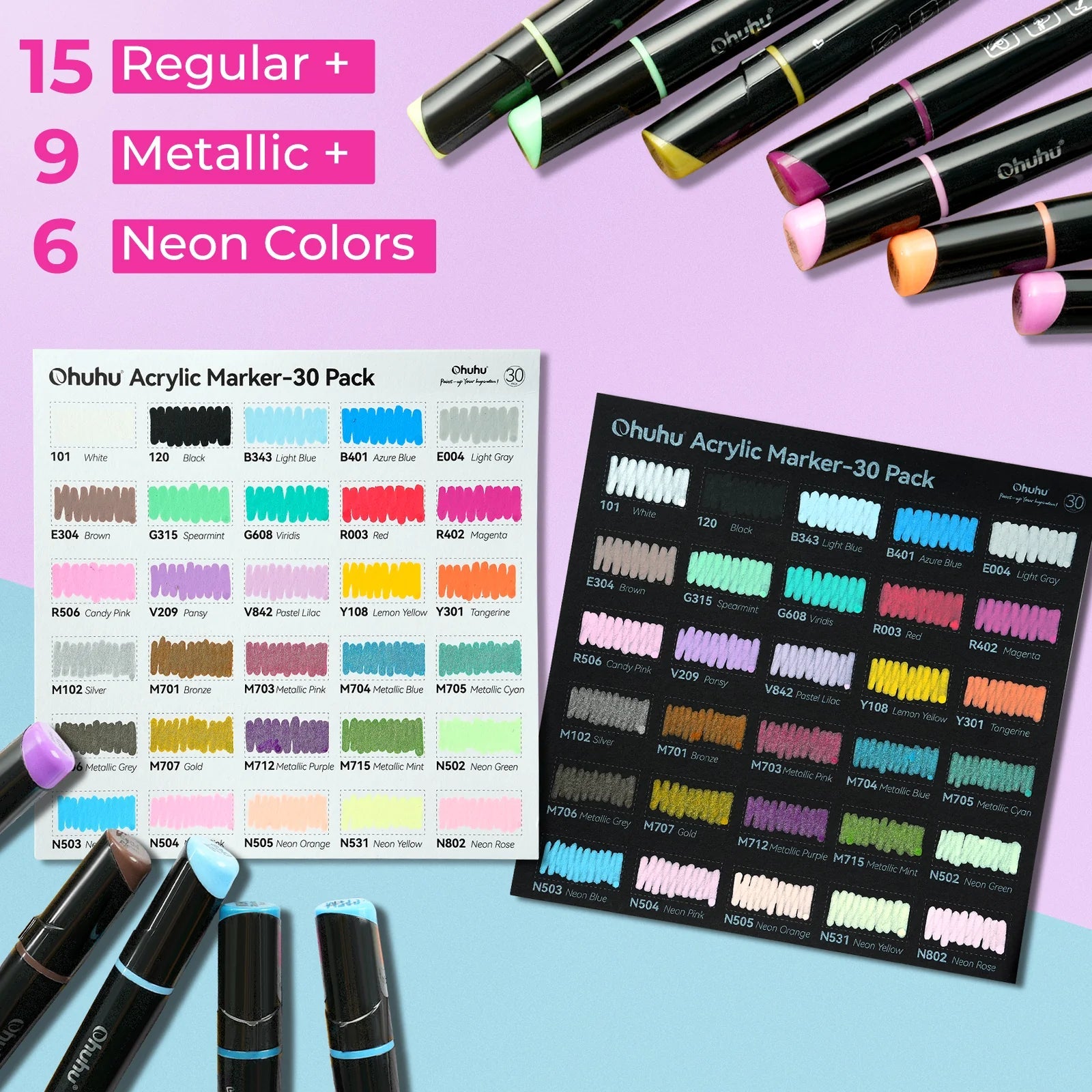 Ohuhu Kakaako: Marcadores de acrílico Setx30 colores doble punta (punta fina + punta bala) - Letters by Jess Shop
