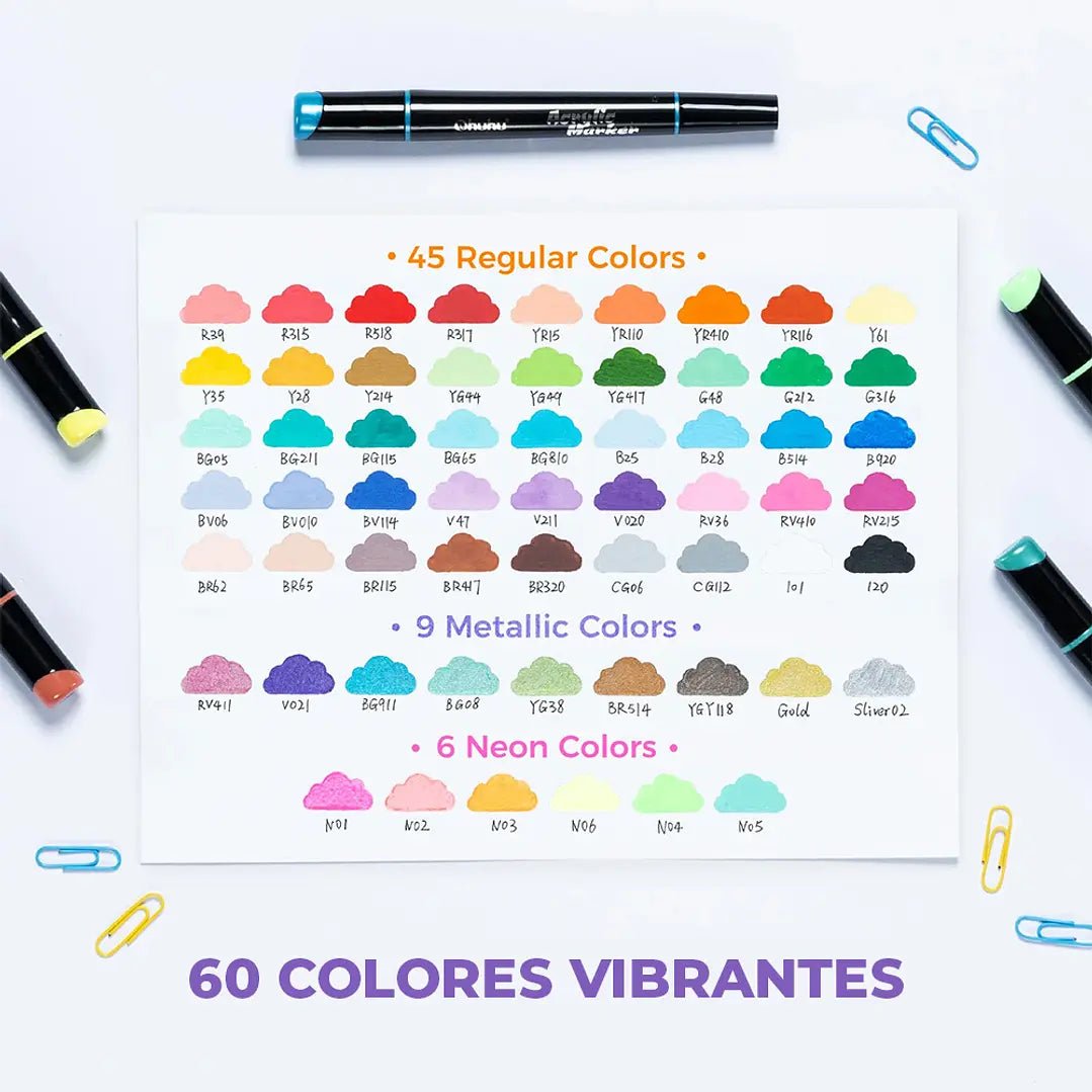 Ohuhu Kakaako: Set de 60 marcadores de acrílico doble punta colores básicos, neones y metálicos (punta fina + punta bala) - Letters by Jess Shop